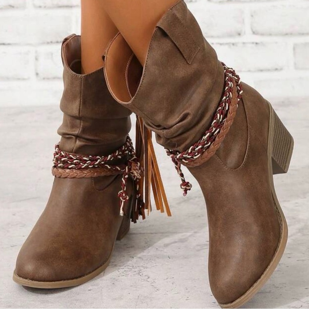 Brown Ankle Boots with Braided Detail - Picture 3 of 14